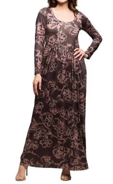 24Seven Comfort Apparel Women's Long-Sleeve Floral Print Maxi Dress in Brown
